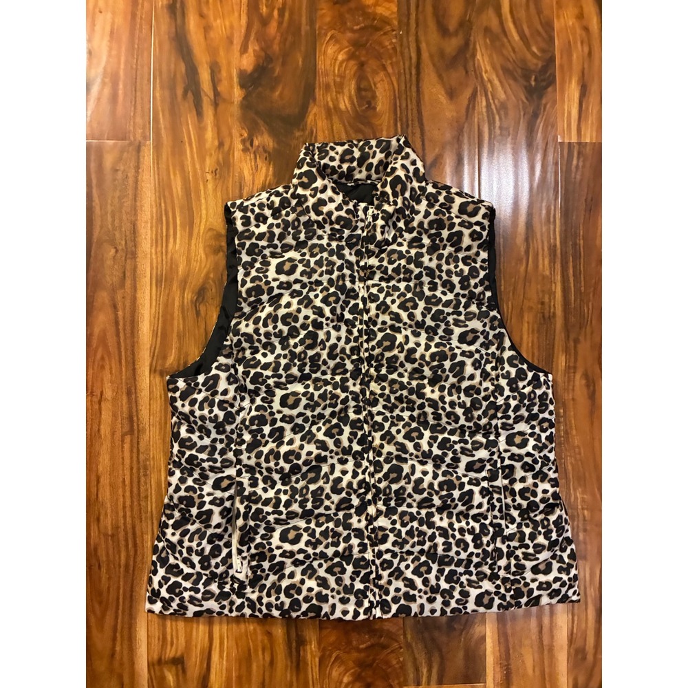 Leopard Print Puffer Vest Sleeveless Quilted Full Zip Jacket Tan Brown Black